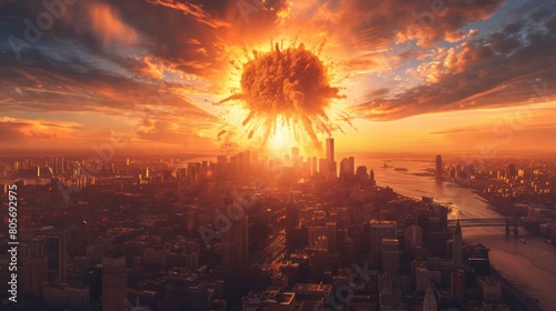 Explosion of nuclear bomb in the city. end of world illustration. Nuclear war threat concept photo