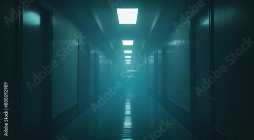 An empty hallway is illuminated with a light shining in it, showcasing moody tonalism, psychological horror, and cabincore aesthetics.