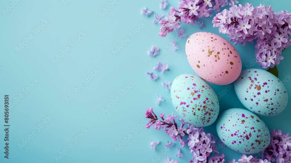 Easter eggs, spring flowers, and lilac are presented on a light blue background, showcasing minimalistic simplicity, pastel academia, and a subtle use of color in dark turquoise