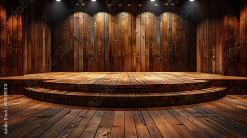 Empty Stage, A simple wooden stage with minimal lighting, ready for a performance photo