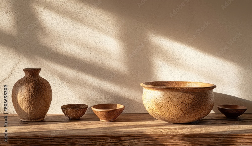 A vase and bowls are placed on a wooden countertop, showcasing terracotta aesthetics, an Australian landscape, naturalistic light and shadow, and a light white color.