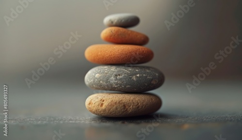 A stack of pebbles is presented on a table in front of a gray background  showcasing dreamlike symbolism  calm and meditative aesthetics  faded palates  symmetrical balance
