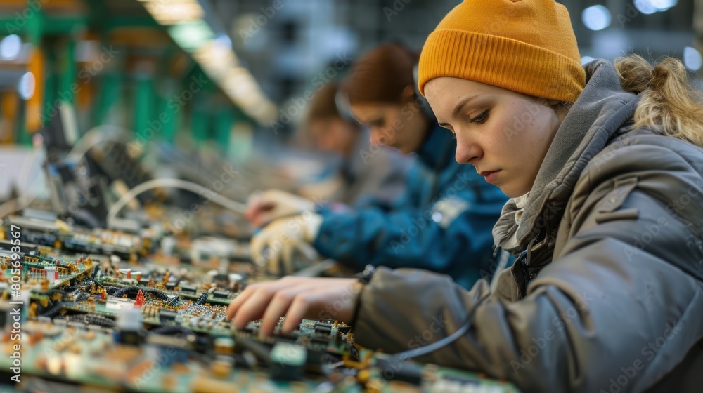 Sorting and Dismantling: Workers at E-Waste Recycling Plant Recycling Used Electronics