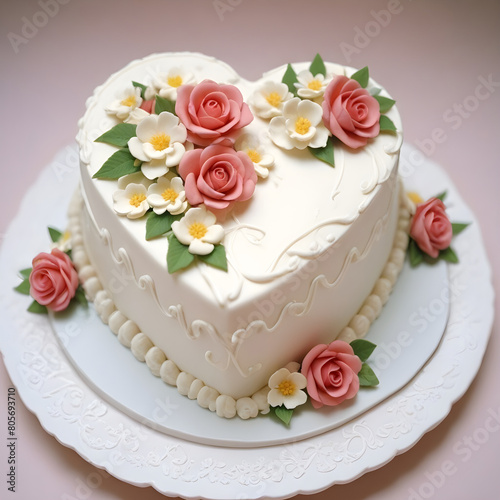 White valentine cake with pink and white roses icing

