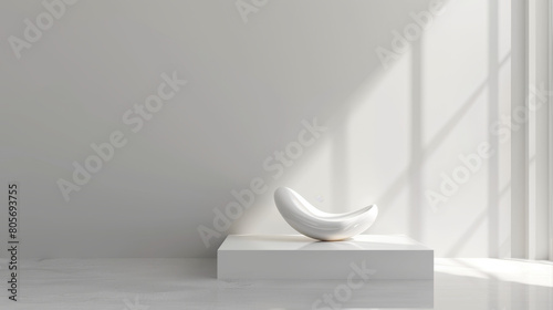A white chair is sitting on a white pedestal in a room with a lot of light comin photo