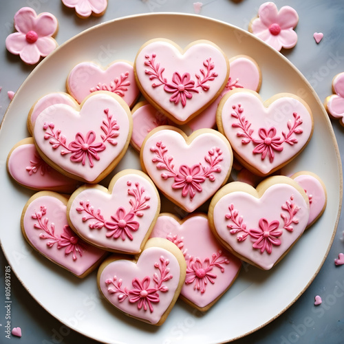 Plate full of pink frosted heart shaped cookies