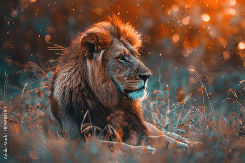 Close-up of a Majestic Male Lion Resting over a Vibrant Orange Background © VanDesigns