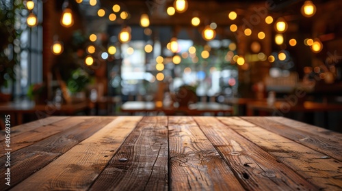 Bokeh Flawless Wooden Table in Restaurant or Cafe