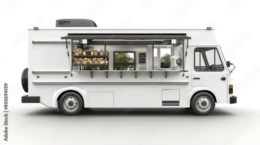 White Food Truck Mockup on Isolated Background - Side View