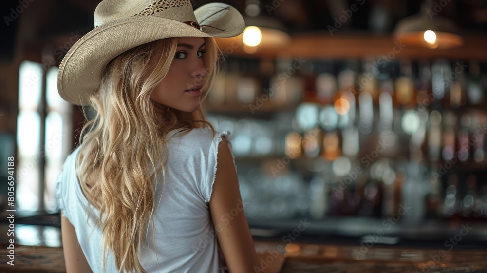 Western Cowgirl Mockup Template with White T-Shirt and Cowboy Hat in Bar Atmosphere - Western Theme Concept