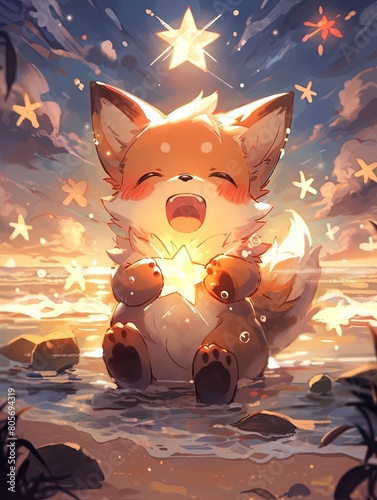 A red cute fox cud on a beach at the dusk, holding a glowing star, cartoon illustration, greeting card