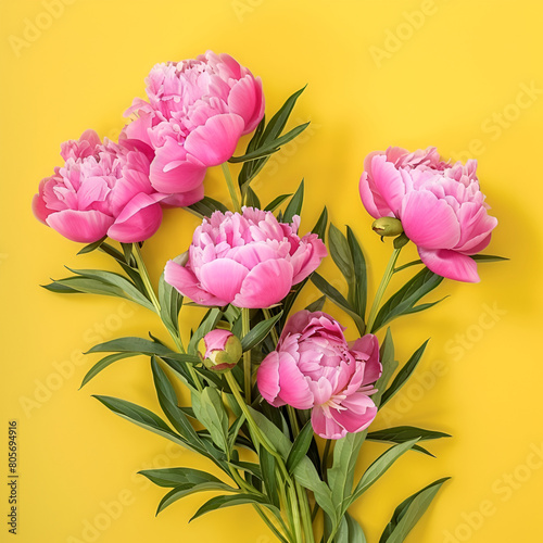 Pink peonies on green and yellow background. Fresh bunch of pink peonies. Trendy color. Bloom love concept. Card  text place  copy space.