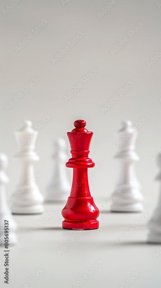 Visual representation of a red chess piece among white pieces in business success and victory idea concept. Red piece highlighted between white chess pieces. Visual representation of a red chess piece among white pieces in business success and victory idea concept. Red piece highlighted between white chess pieces.