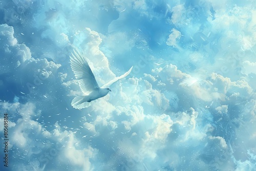 celestial serenity angelic spirit soaring through heavenly blue skies and clouds ethereal digital painting