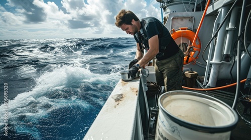 Professional marine biologist cleaning sea creature while traveling by boat in a middle of the sea. Attractive smart scientist washing coral or preparing for researching sample from the ocean. AIG42.
