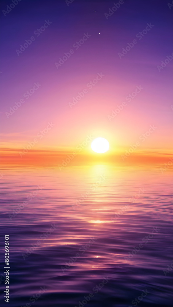 Twilight tranquility. A purple and yellow twilight scene capturing the sun setting over the horizon of a calm reflective ocean, 