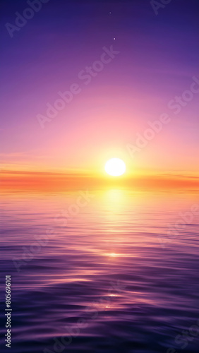Twilight tranquility. A purple and yellow twilight scene capturing the sun setting over the horizon of a calm reflective ocean  