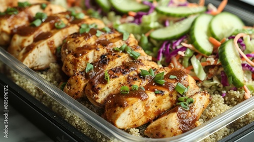 Healthy meal prep containers with quinoa, chicken and cole slaw