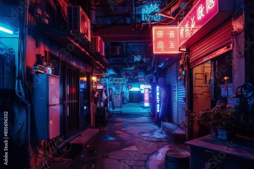 cyberpunk neonlit dark alley with grungy buildings and robot repair store sign dystopian night scene