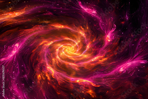 Neon pink and orange swirling galaxy pattern. Dynamic artwork on black background.