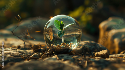 plant in a glass sphere, environment protection concept, beautiful nature wallpaper 