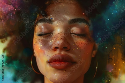ethereal beauty portrait of mixed race woman with closed eyes and freckles celebrating diversity digital painting