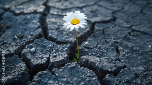 A single daisy emerges from the cracks of cracked black soil  symbolizing hope and resilience in challenging times. The contrast between the delicate flower and the harsh terrain adds depth 