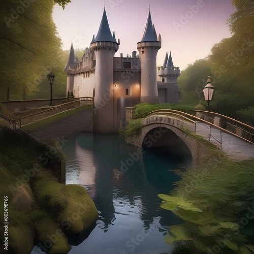 A whimsical fairy tale castle surrounded by a moat with a drawbridge and towers1