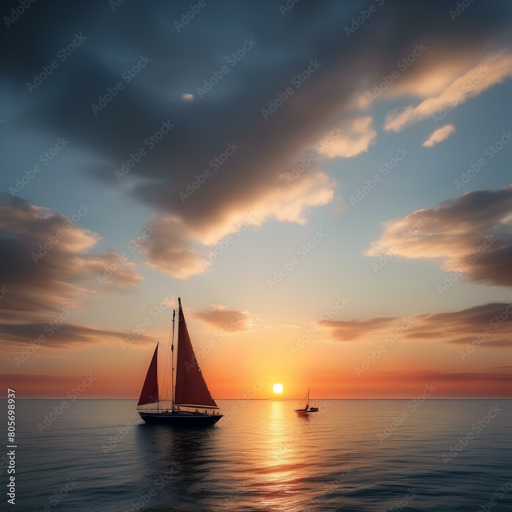 A dramatic sunset over a calm ocean with sailboats on the horizon and a lighthouse4