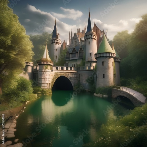 A whimsical fairy tale castle surrounded by a moat, a drawbridge, towers, and a lush green forest1