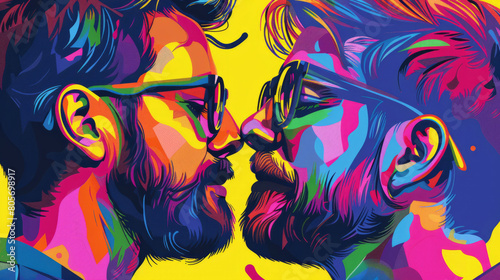 Portrait of gay couple in colorful pop art comic style painting illustration. LGBTQ and pride month concept.