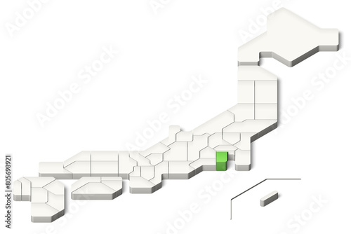 簡略化された3D日本地図　神奈川県　アイソメトリック（影付き背景透過）