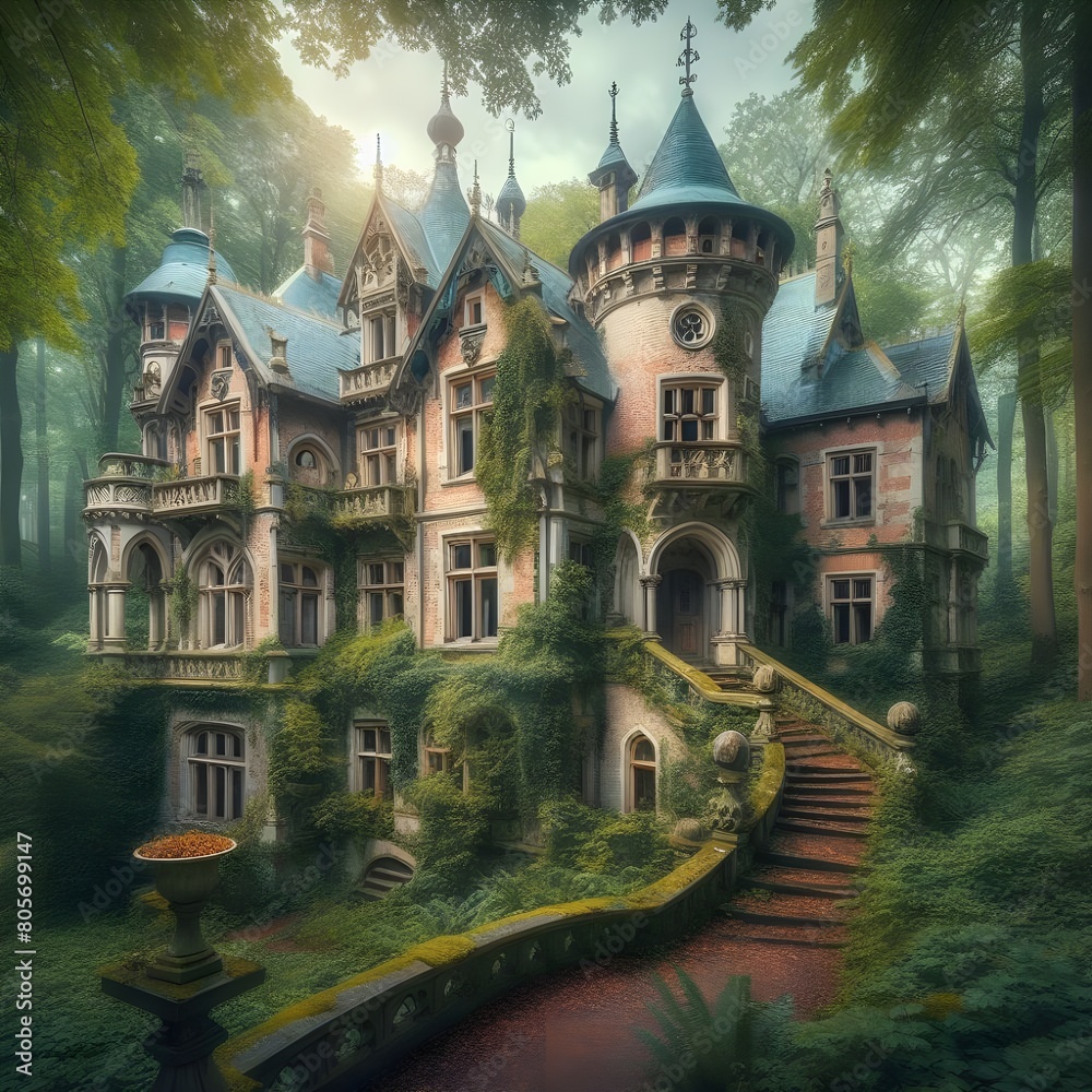 Obraz premium Gorgeous abandoned medieval mension in a fairytale forest.