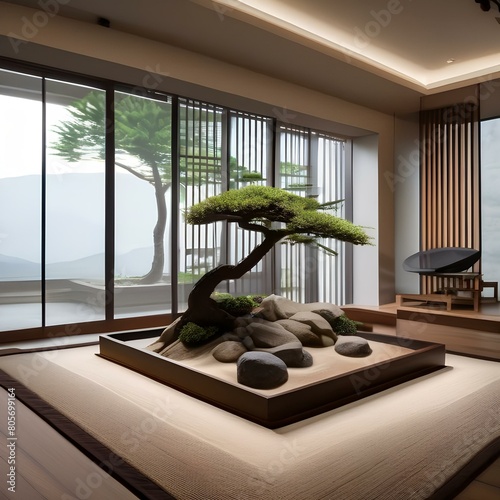 A peaceful Zen garden with raked sand, rocks, and bonsai trees5