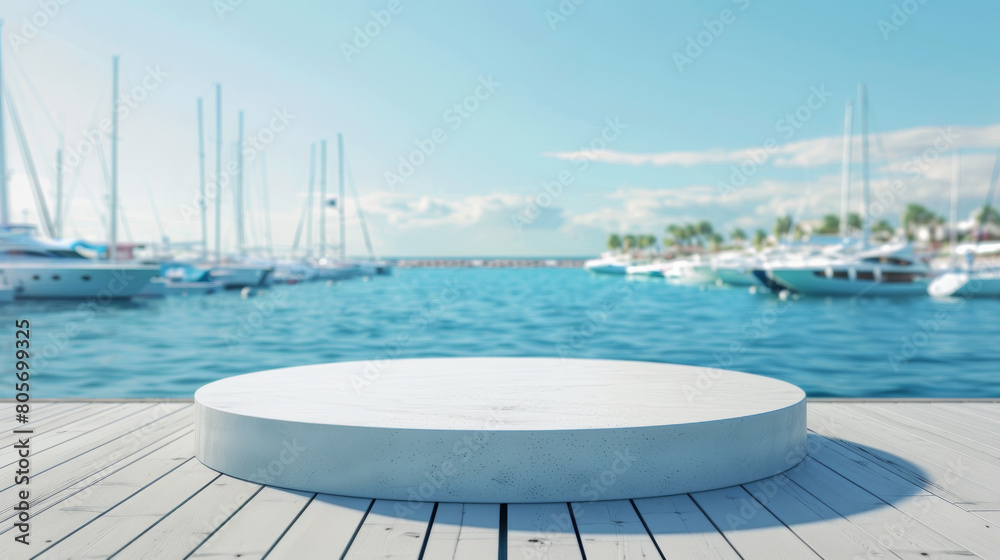 A large white pedestal sits on a wooden pier overlooking a marina full of boats