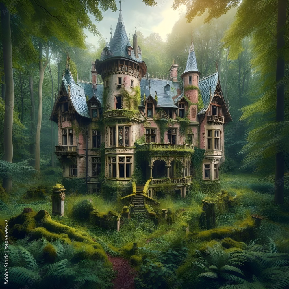 Obraz premium Gorgeous abandoned medieval mension in a fairytale forest.
