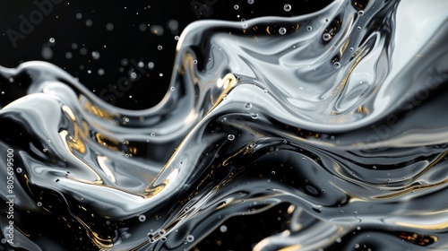 Black and white flowing liquid, with golden swirls on the surface, creating an abstract pattern.