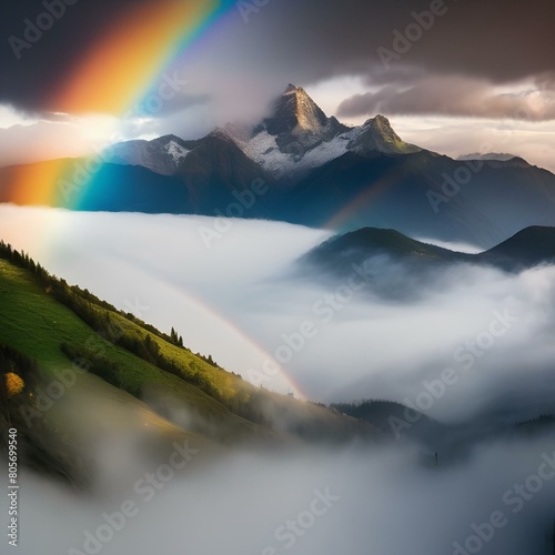 A majestic mountain range shrouded in mist with a rainbow in the sky3 photo