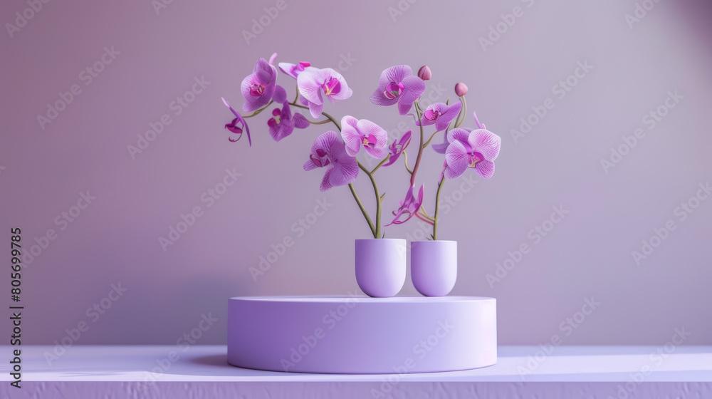 A vase of purple flowers sits on a purple pedestal