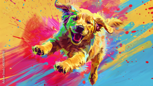 golden retriever puppy running in colorful pop art comic style painting illustration.