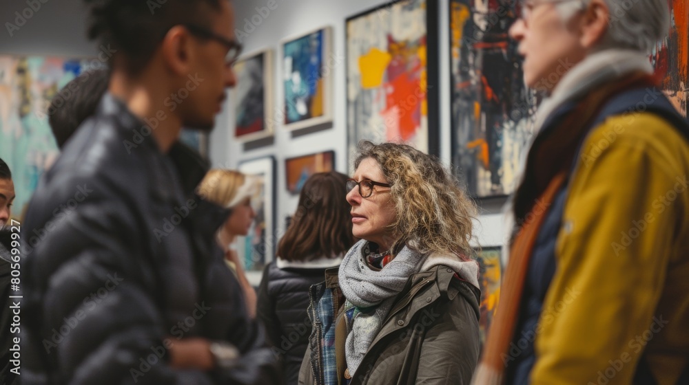 A group of art enthusiasts gather in a gallery admiring a collection of abstract paintings that are up for sale.