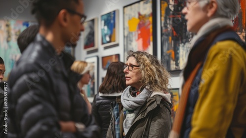 A group of art enthusiasts gather in a gallery admiring a collection of abstract paintings that are up for sale.