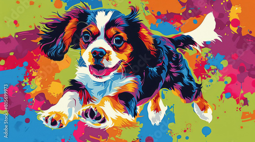 Cavalier King Charles Spaniel puppy running in colorful pop art comic style painting illustration.