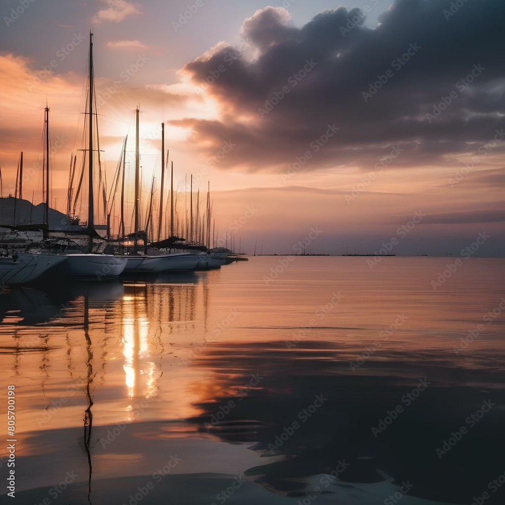 A dramatic sunset over a calm ocean with sailboats4 A dramatic sunset over a calm ocean with sailboats4