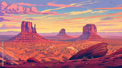 Beautiful scenic view of Monument Valley, Arizona and Utah in the United states of America. Colorful comic style painting illustration. photo