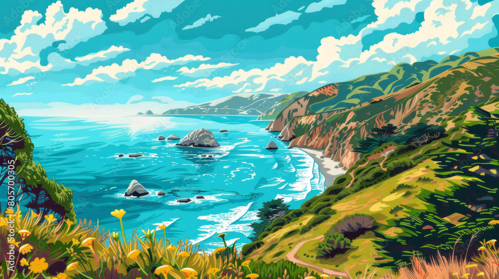 Beautiful scenic view of Big Sur, California in the United states of America. Colorful comic style painting illustration.