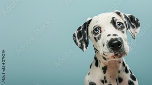 Adorable dalmatian puppy with questioning and curious face isolated on light blue background with copy space. © Tepsarit