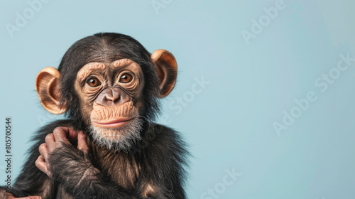 Adorable baby chimp isolated on light blue background with copy space. © Tepsarit