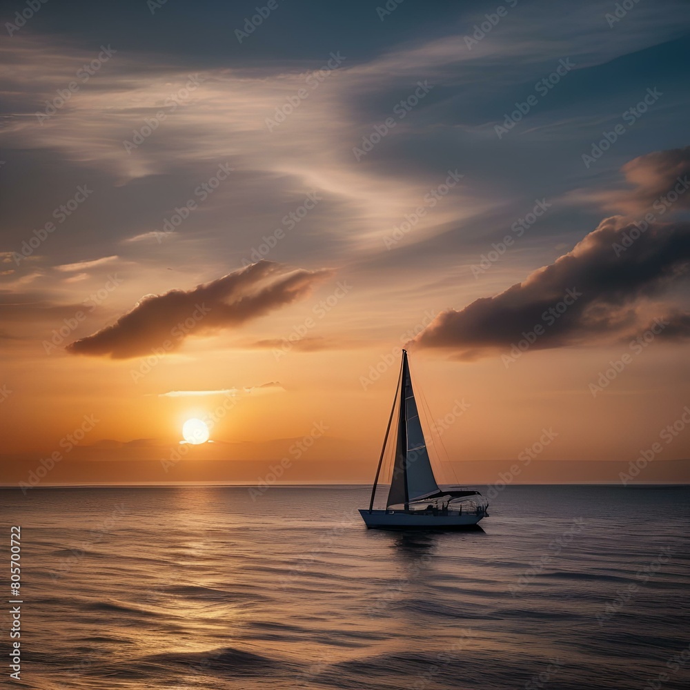 A dramatic sunset over a calm ocean with sailboats3