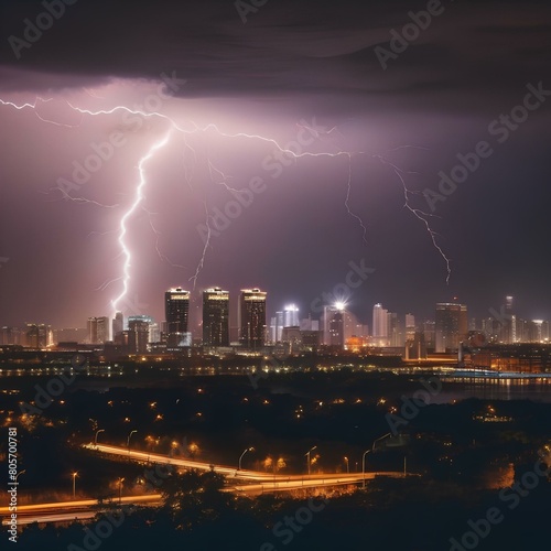 A dramatic lightning storm over a city skyline at night1